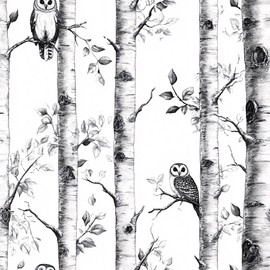 LaiTique Birch Tree Peel and Stick Wallpaper, Owl Wallpaper, Self Adhesive Vinyl Black and White Wall Paper for DIY Home Decor, 17.7in x 236in