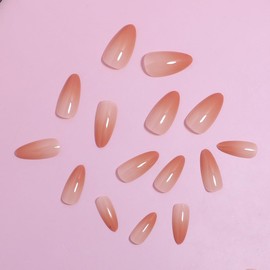 TENPAL 24 Pcs Reusable Press on Nails Medium Almond,Orange Gradient Glossy Finish Fake Nails with Tools, Removable False Nails with Full Manicure Kit, Classic Simple Design Stick on Nails for Women