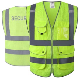 JKSafety 9 Pockets Class 2 Security Hi-Vis HQ Mesh Lite Hi-Vis Zipper Front Safety Vest | Neon Color Body with Retro-Reflective Strips | Comply ANSI/ISEA Safety Standards (200-Security-Yellow, XL)