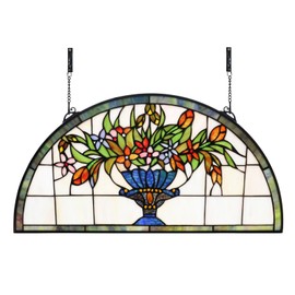 YonLouky 24 inch Flower Stained Glass Window Hanging Half Moon Shade,100% Real Stained Glass Panelfor Home Decor(YLK005)