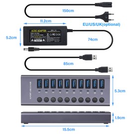 985A 10-Port USB 3.0 Hub USB Splitter Hub USB Docking Station 300MB/S High-Speed Transmission with Individual Switches 12V 5A Power Adapter for Laptop PC Smartphone Tablet Keyboard Mouse Flash Drive USB Fan Lamp