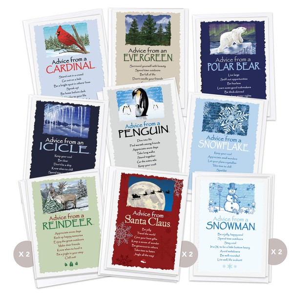 Your True Nature 12 Holiday Greeting Card Set - Advice from a Reindeer, Snowman, Santa Claus, Snowflake, Cardinal, Icicle, Penguin, Polar Bear, Evergreen (AMGC12-HOL)