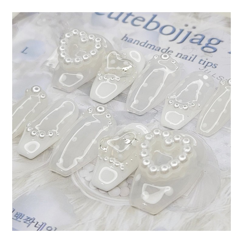 White dot handmade nail tips - Square S / 화이트