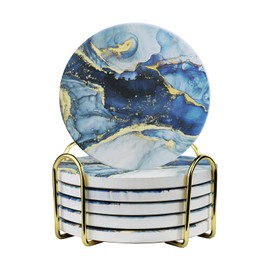 Bntyok Coasters Set of 6 Marble Coaster Set with Holder Suitable for Kinds of Cups 4 Inches Ceramic Absorbent Coasters for Coffee Table Room Bar Tabletop Protection Home Decor House Warming Gifts