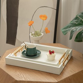 MACVAD 2 Piece Woven Leather Ottoman Tray with Gold Handles, Perfect Rectangular Serving Tray for Living Room, Coffee Table Tray as Thoughtful Gift for Home Decor Enthusiasts (White)