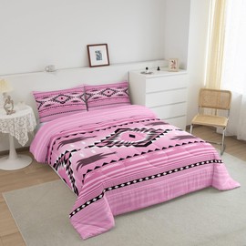 Feelyou Pink Boho Western Bedding Set Full Size Kids Southwest Native Tribal Comforter for Boys Girls Teens Geometric Comforter Set Soft Microfiber West Room Decor