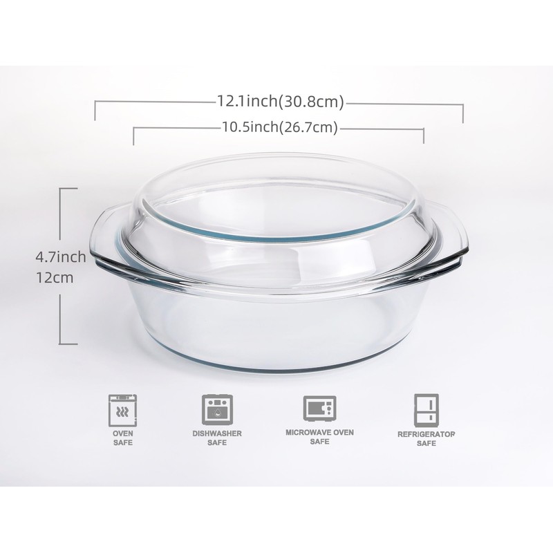 HUSANMP Round Tempered Glass Casserole Dish with Lid, Glass Casserole