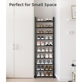 STORAGE MANIAC 10-Tier Tall Shoe Rack, 20 Pairs Narrow Slim Shoe Shelf, Metal Frame Shoes Stand for Small Space, Space-Saving Shoes Organizer, Vertical Shoes Tower for Garage, Entryway, Closet, Dorm