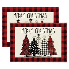 Artoid Mode Red and Black Buffalo Plaid Christmas Trees Placemats Set of 2, 12x18 Inch Winter Table Mats for Outdoor Home Party Kitchen Dining Decor
