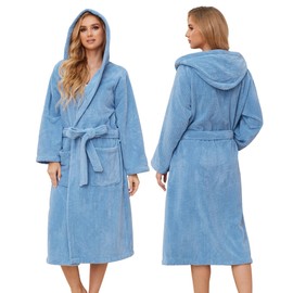 PJGGZ Hooded Bathrobes for Women, Soft Long Towel Robes for Women - Quick Dry yet Warm (Haze Blue, L/XL)