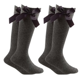 Trendy Lane Girls Knee High School Socks – 2 Pairs Cotton Socks with Silky Ribbon Bows, Uniform & Party Wear, Long Sock for School with Bow (2P, Grey, Size 6-8)