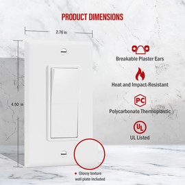 ENERLITES Decorator Paddle Light Switch with Wall Plates, Wall Decora Switch, Single Pole, 3 Wire, Grounding Screw, Residential Grade, 15A 120V/277V, UL Listed, White