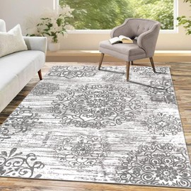 HEBE Washable Area Rug 5'x7' Non Slip Soft Distressed Medallion Bedroom Rug Boho Living Room Rug Accent Throw Rugs Vintage Entry Rug Floor Carpet for Dining Room Bathroom Entryway
