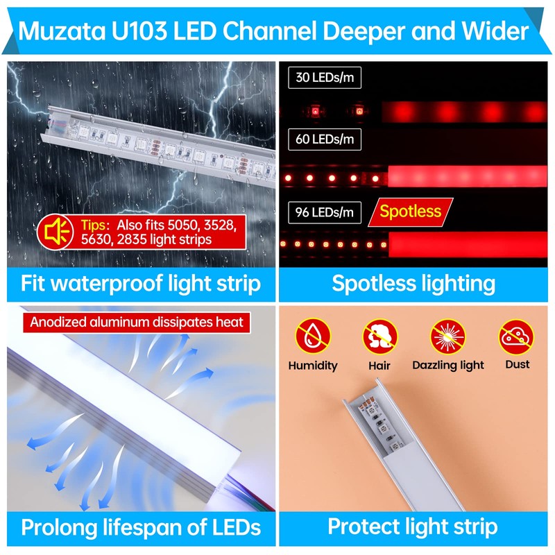 Muzata 10Pack 3.3FT Plus-Size Silver LED Strip Channel Milky Diffuser