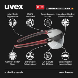 Uvex Tune-up Safety Glasses - Safety Glasses with 100% UV Protection - Metal-Free, Anti-Fog & Scratch-Resistant - Super Light (23g) - Red/Black, Grey 23%