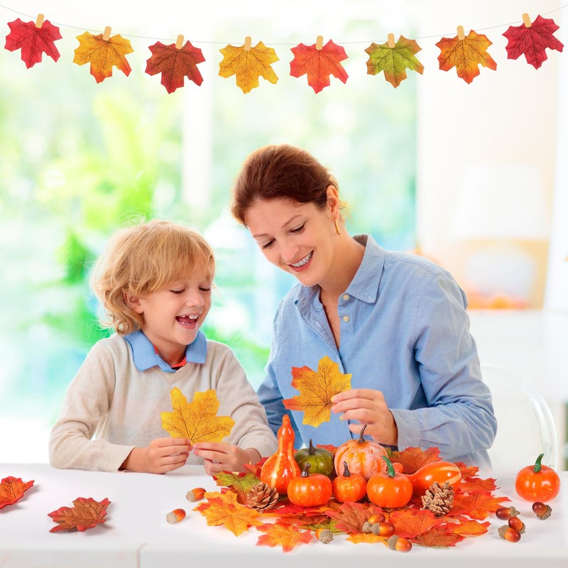 HOWAF 120pcs Artificial Pumpkins Decorations Artificial Autumn Leaves Set, Fake