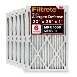 Filtrete 20x25x1 AC Furnace Air Filter, MERV 11, MPR 1000, Micro Allergen Defense, 3-Month Pleated 1-Inch Electrostatic Air Cleaning Filter, 6 Pack (Actual Size 19.69 x 24.69 x 0.81 in)