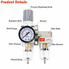 RIH Air Dryer System -1/4" NPT Double Air Filters-5 Micron Particulate Filter& Air Pressure Regulator - Gauge(0-150 psi), Semi-Auto Drain, Poly Bowl,Bracket - 3 in 1 Two Unit (1/4" NPT)
