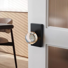 SNBTLA Champagne Glass Passage Door Knob – Crystal Non-Locking Interior Handle with Matte Black Rosette – Decorative Clear Knob for Hallway, Closet, or Guest Room Doors