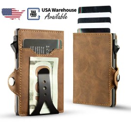 Casekey US Warehouse Fashion Carbon Fiber Leather Pop up Mechanism Wallet RFID Safe Metal Credit Card Holder with Cash Clipcolor: Light Brown