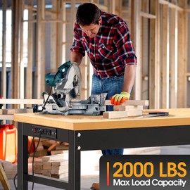 Antifir 48'' Adjustable Workbench,Heavy-Duty Workstation with Power Outlet,2000LBS Load Capacity Rubber Wood Top Worktable for Garage,Office, Workshop, Home, Easy Assembly, Black