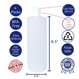 Kelkaa 32oz 28/410 HDPE Plastic Cylinder Squeeze Bottles with Dispensing White Press Disc Top Caps, for Shampoo, Conditioner, Lotion, Any Liquid Products, Multi-Use Refillable Bottles (Pack of 4)