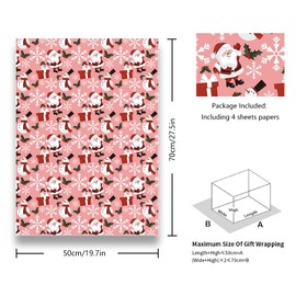 Santa Claus Bring Gifts and Snowman in White Flying Snowflake and Green Holly Wrapping Paper Sheets -(28"x20" Per Sheet, 4-Sheets, 1-Designs: 15 sq. ft. ttl)- Bright Pink Gift Wrap For Kids Girls