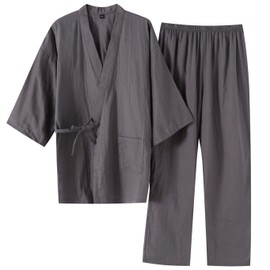 SISOFTLY Men's 3/4 Sleeve Jinbei, Plain, Spring and Summer, Double Gauze Set, Washable Summer Kimono, Work Clothes, Men's Pajama Set, gray