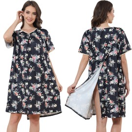 Liokoc Hospital Gowns for Women Open Back Tear Away Snap Post Shoulder Surgery Short Sleeve Soft Cotton Adaptive Clothing