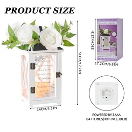 Memorial Lantern for Loss of Loved One - Sympathy Lantern for Funeral Gift & Condolences - Waterproof Wood Lantern with Flameless Candle & Silk Roses,13.5" Anniversary Tribute for Home & Porch