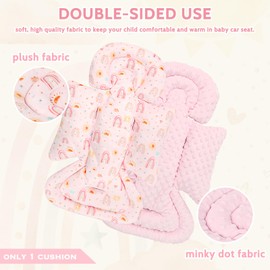 CARUILI Infant Car Seat Insert and Strap Covers, Very Soft Car Seat Head Support Baby Girl Boy, Reversible Newborn Carseat Insert Cushion Fits for Stroller, Baby Swing, Bouncer (Pink Rainbow)