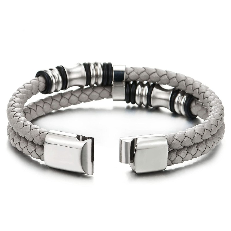 Mens Double-Row Beige Grey Braided Leather Bracelet Bangle Wristband with