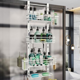 HapiRm 4 Tier Over the Door Shower Caddy, Hanging Shower Caddy with 22 Hooks and 2 Toothbrush Holders, No Drilling Adjustable Hanging Bathroom Organizer - White