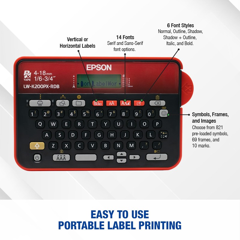 LABELWORKS Epson LW-K200PX-RDB Portable QWERTY Keyboard Label Maker for Home
