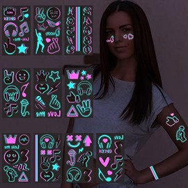 Konsait 10 Hojas Que Brillan En La Oscuridad Tatuajes Para Niños Adultos, Seguros Y Fáciles De Usar Tatuajes Temporales De Neón De Música, Notas Musicales Tatuajes De Luz Negra Uv, Re