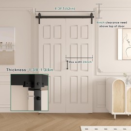 Enconker 52" Bi-Folding Sliding Barn Door Hardware Kit for 2 Doors, Modular Track System with Side-Mounted Rollers, Smooth and Space-Saving Folding Solution, Fit 2 x 24in Door Panel
