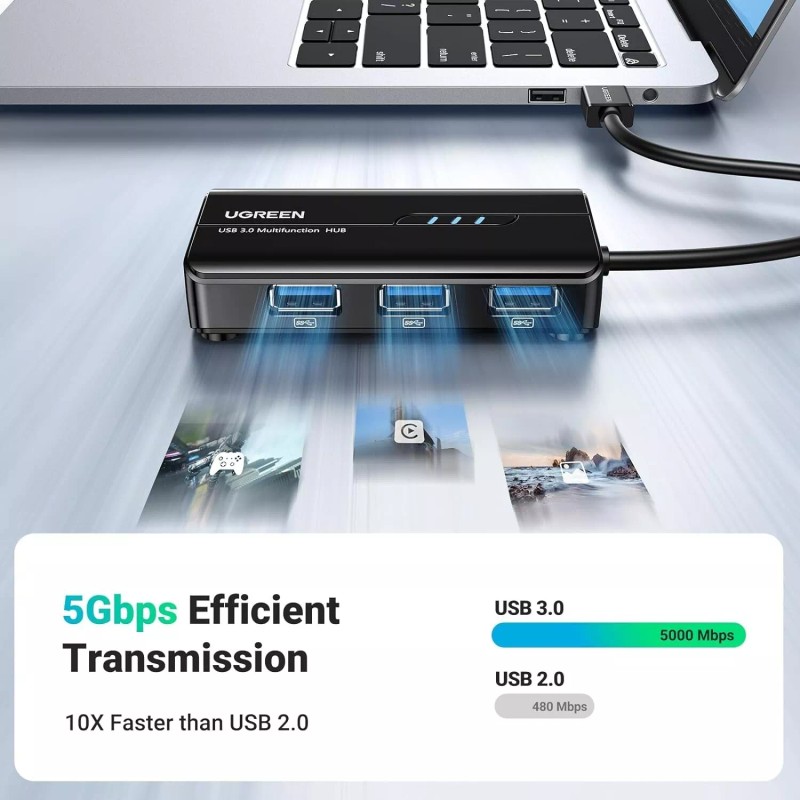 UGREEN USB 3.0 Hub Ethernet Adapter 10/100/1000 Gigabit Network Converter+3