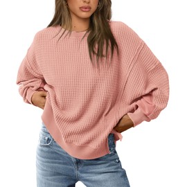 PRETTYGARDEN Women's 2024 Fall Oversized Crewneck Sweatshirts Casual Long Sleeve Pullover Waffle Knit Shirts Top (Coral Pink,Medium)
