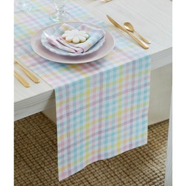 Solino Home Easter Table Runner 48 Inch - 100% Pure Linen Multicolor Pastel Gingham Plaid Table Runner 14 x 48 Inch Ideal for Dresser and Coffee Tables - Gingham Check