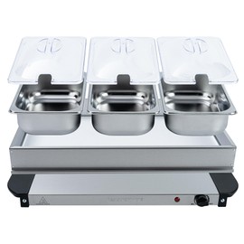 Restaurantware-Kitchen Tek Electric Food Warmer, 1 Buffet Server with Temperature Control - Includes 3 x 1.5 Quart Buffet Pans, Portable, Stainless Steel Chafing Dish Set, for Party and Catering