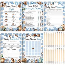 Sinmoe 145 Pieces Baby Shower Games Supplies 5 Sets Baby Shower Games Activities Cards with 20 Pcs Funny Pencils Include Descriptions and Wishes, Guess Who, Bingo Play, Word Search(Cowboy)