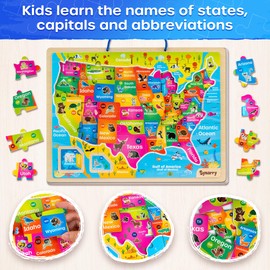 SYNARRY Large USA World Solar System Wooden Magnetic Puzzles for Kids Ages 4-6, Wood Puzzles Educational Games Toys Gifts for Toddlers, United States World Planet Space Map for Boys Girls Ages 3-5 4-8