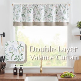 JINCHAN Linen Double Layer Valance Curtain for Windows Farmhouse Floral Light-reducing Kitchen Living Room Bedroom Bathroom 18 Inch Rod Pocket 1 Panel Green on White