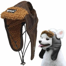 ITODA Dog Trapper Hat Winter Dog Hat with Ear Holes Aviator Hat Pet Winter Hat Adjustable Dog Cap PU Leather Dog Hat Warm Wind Protection Pet Hat Outdoor Fur Hat Puppy Cat
