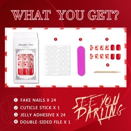 Valentines Day Press on Nails Short Square Fake Nails Red Love Eyes Acrylic Nails with Red Heart Designs False Nails Kits Cute Artificial Nails Glossy Stick Glue on Nails for Women Girls 24Pcs