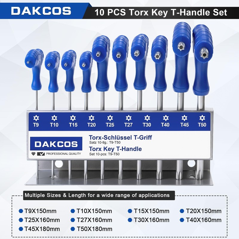 DAKCOS 10 Pcs T-Handle Torx Wrench Set, T9-T50 Star Key