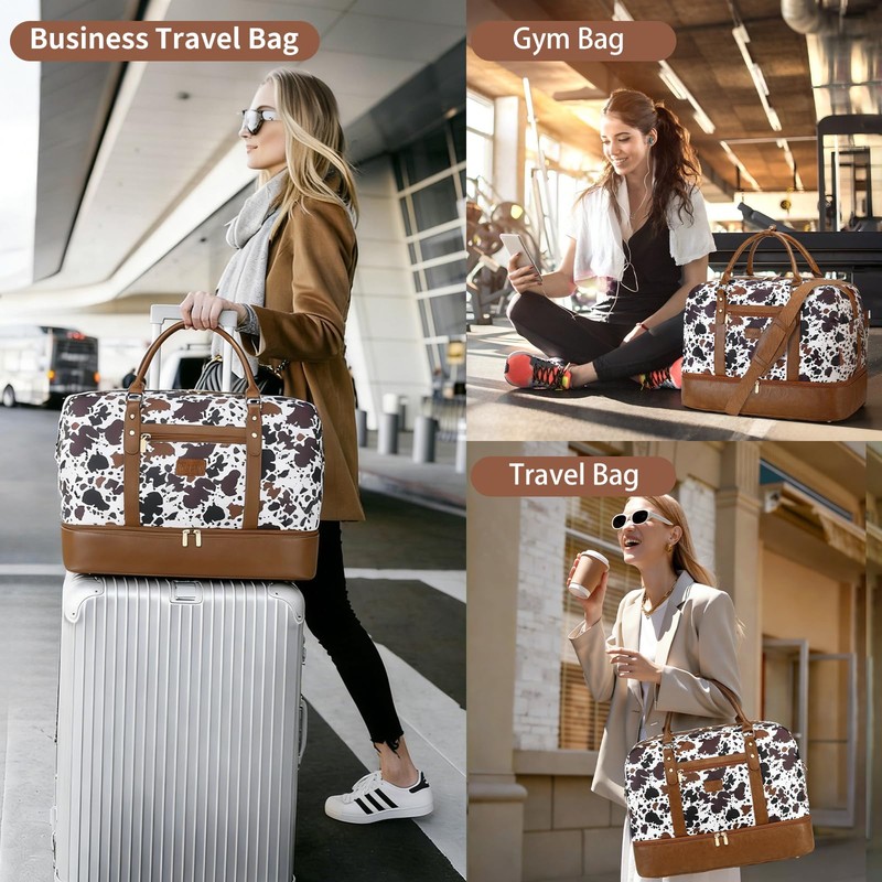 3PCS Weekender Bags for Women Large Overnight Bag, Brown Cow