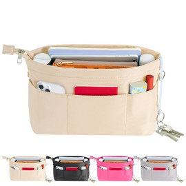 HyFanStr Purse Organizer Insert with Zipped Top for Tote Bag, Handbag Organizer Shaper with 13 Pockets, Beige XL