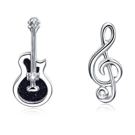 BG&WLing Guitar Earrings for Women，925 Sterling Silver Music Note Earring Studs Dainty Jewelry Gifts for Music Lover (Black Guitar)