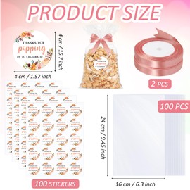 Adodotoe 100 Sets Popcorn Favor Bags Thanks for Popping by Stickers Popcorn Party Favors Wedding Baby Shower Thank You Tags Clear Goodie Bag Favor Sticker for Crafts Gift